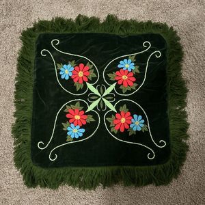 Vintage ? Velvet Chinese Floral Embroidered Boho Tassel Throw Pillow Cover 17x17